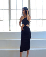 Load image into Gallery viewer, black ribbed midi cut out dress 
