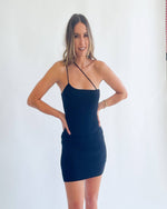 Load image into Gallery viewer, Ladies Knit Ribbed One Shoulder String Detail Mini Black Dress
