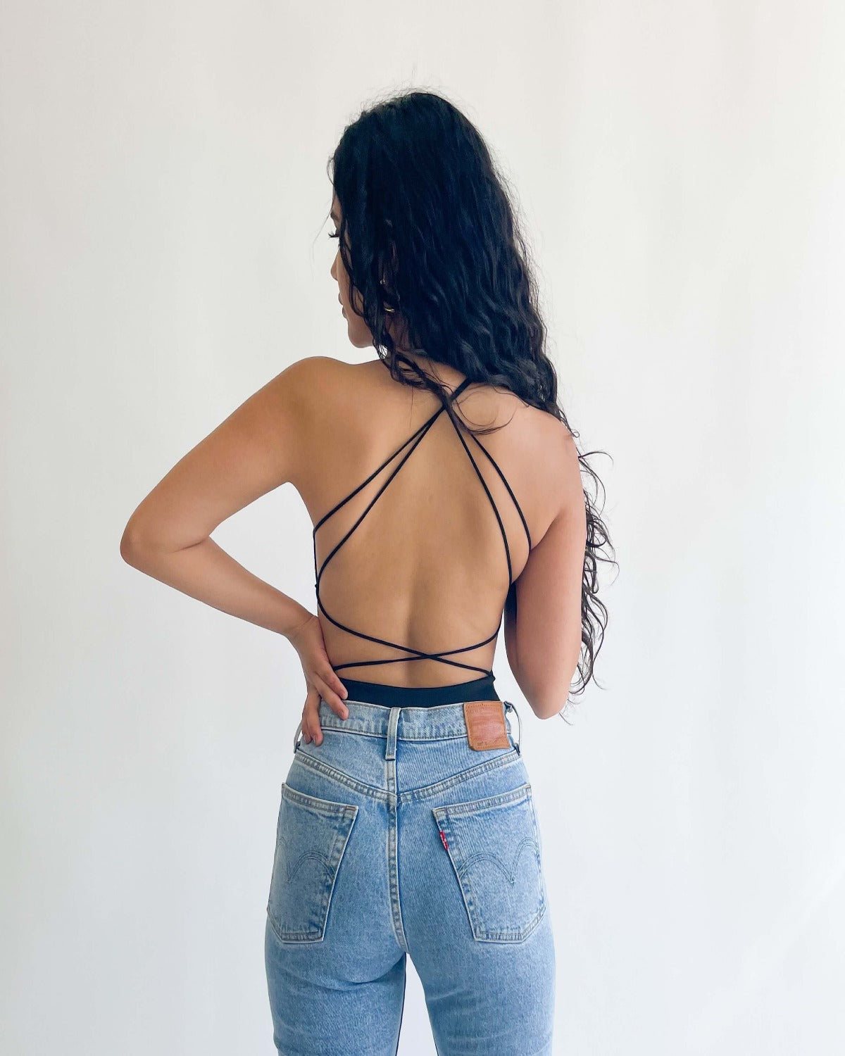 Black Ladies Open Back Strappy Bodysuit