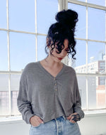 Load image into Gallery viewer, Heather Grey Ladies Cotton V-Neck Button Long Sleeve Top
