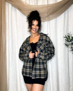 Load image into Gallery viewer, Ladies Oversized Charcoal/Mustard Plaid Button Up Shirt Jacket 
