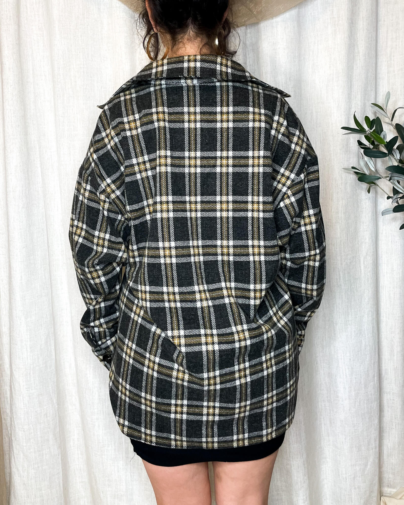 Ladies Oversized Charcoal/Mustard Plaid Button Up Shirt Jacket 