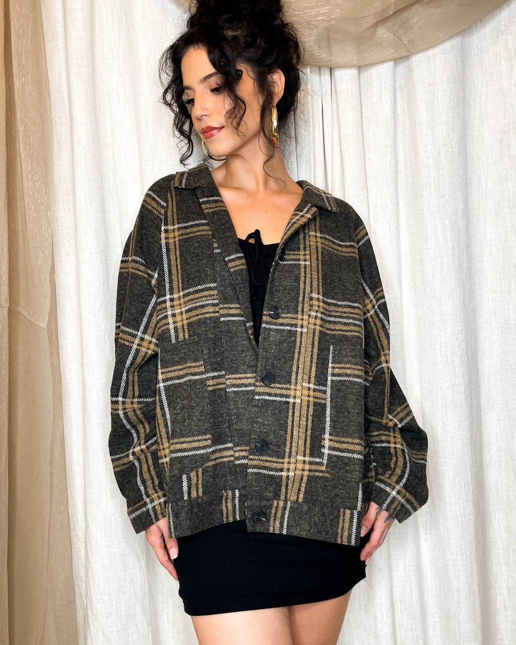 Charcoal Ladies Oversized Plaid Button Up Shirt Jacket   