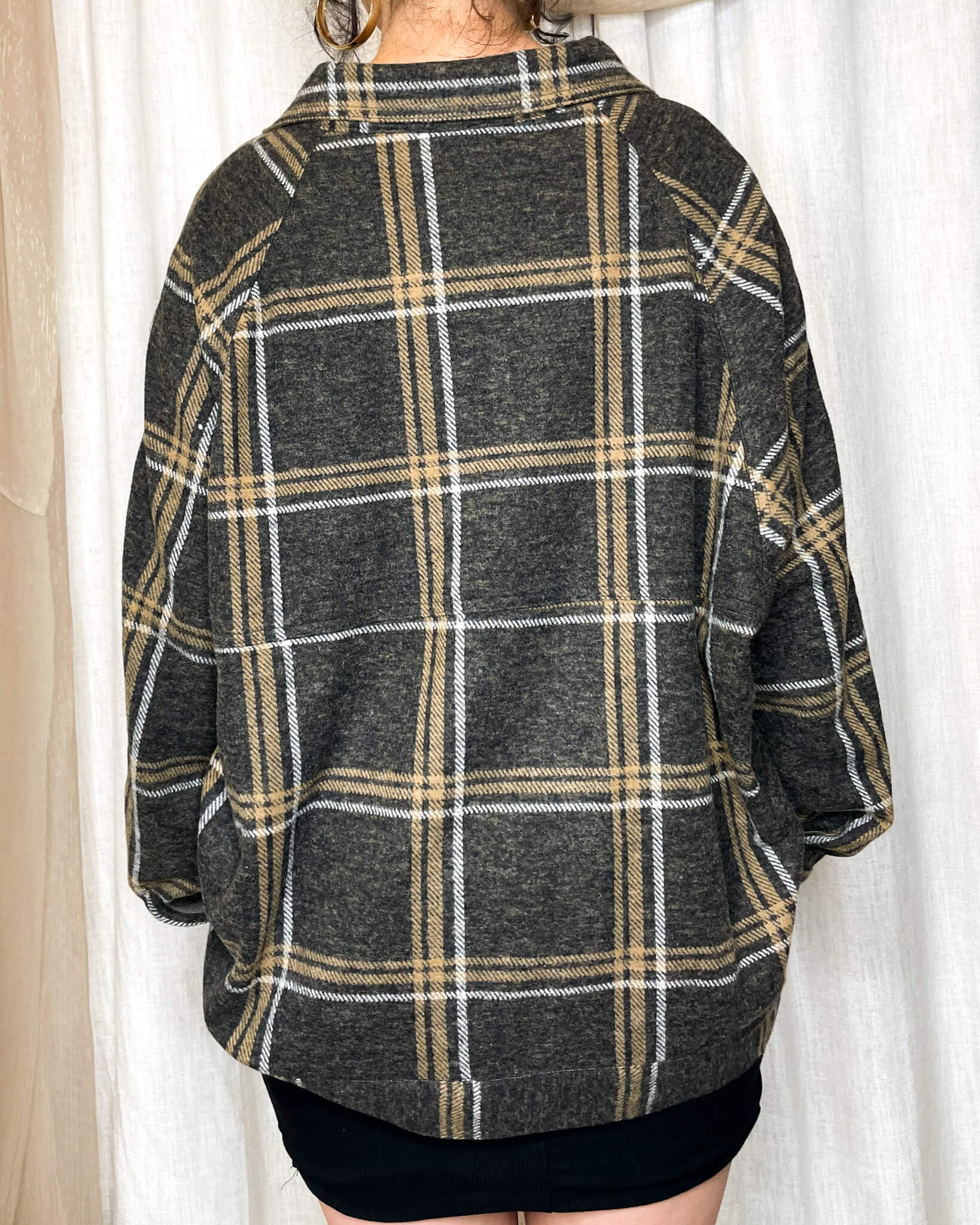 Charcoal Ladies Oversized Plaid Button Up Shirt Jacket   