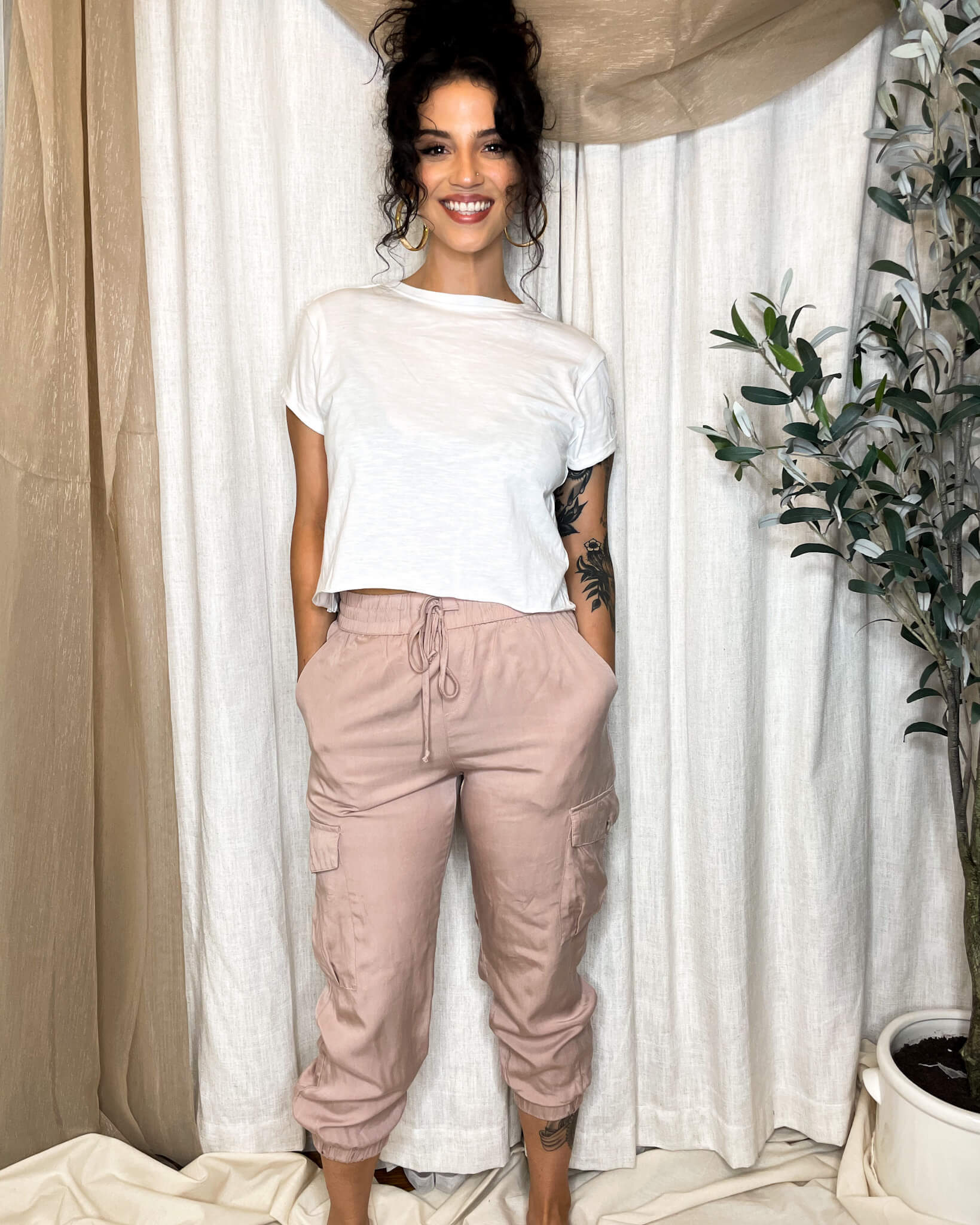 Pale Rose Ladies Washed Cargo Joggers